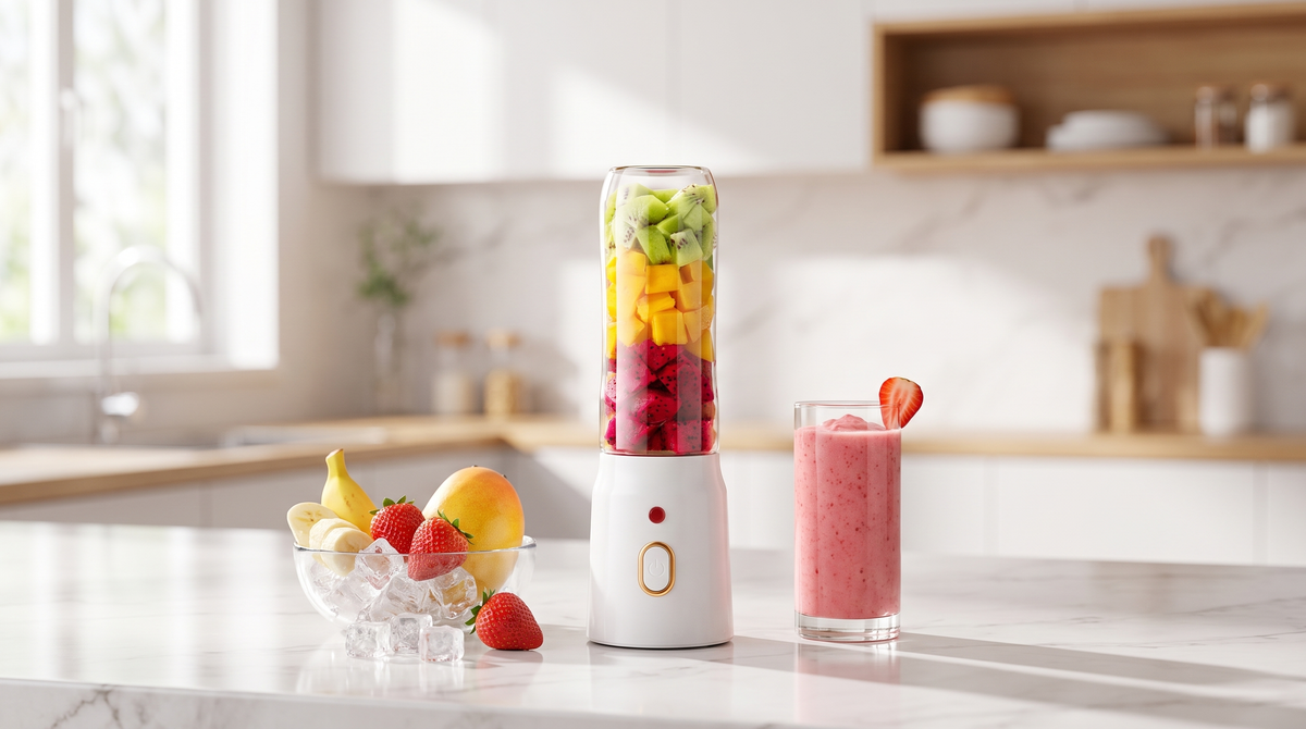 NEWDRU portable blender bottle on a marble counter beside crushed ice, strawberries, banana and a thick blended smoothie