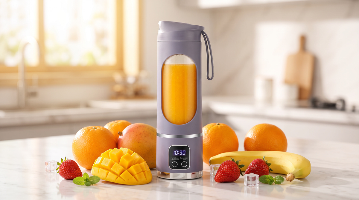 NEWDRU portable blender juicer bottle filled with fresh orange-mango juice on a bright kitchen counter surrounded by fresh fruit