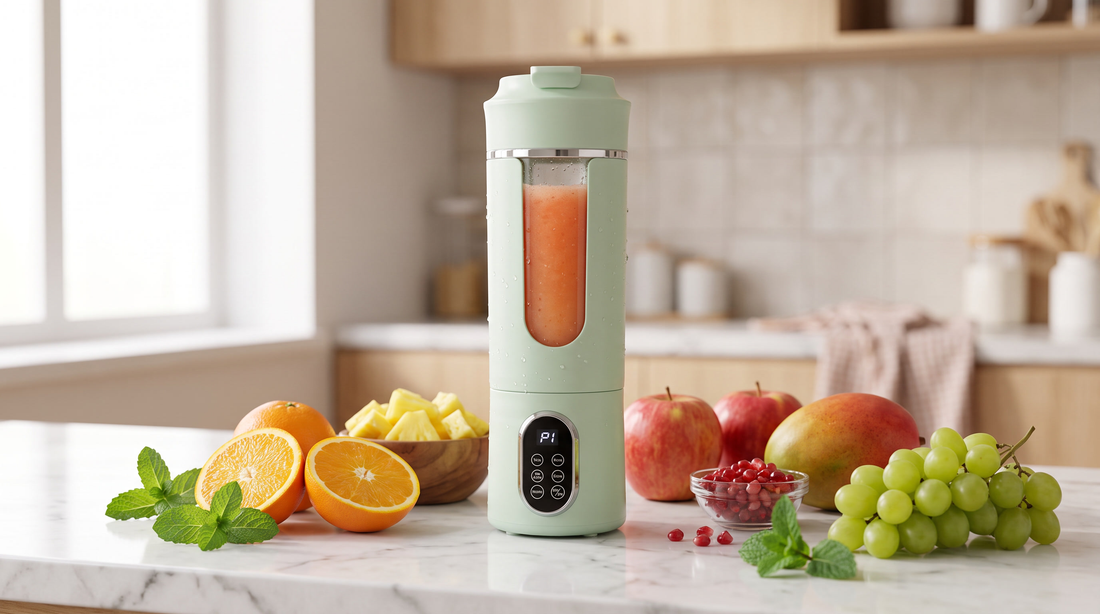 NEWDRU portable juicer bottle filled with fresh juice on a marble kitchen counter surrounded by oranges, pineapple, apples, mango, pomegranate and grapes