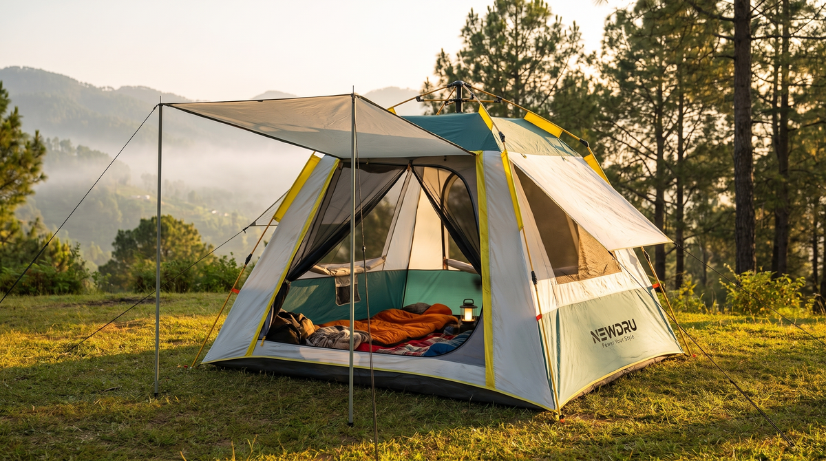 NEWDRU CampGuard Pro 4-person waterproof camping tent pitched at a hill-station campsite at golden hour
