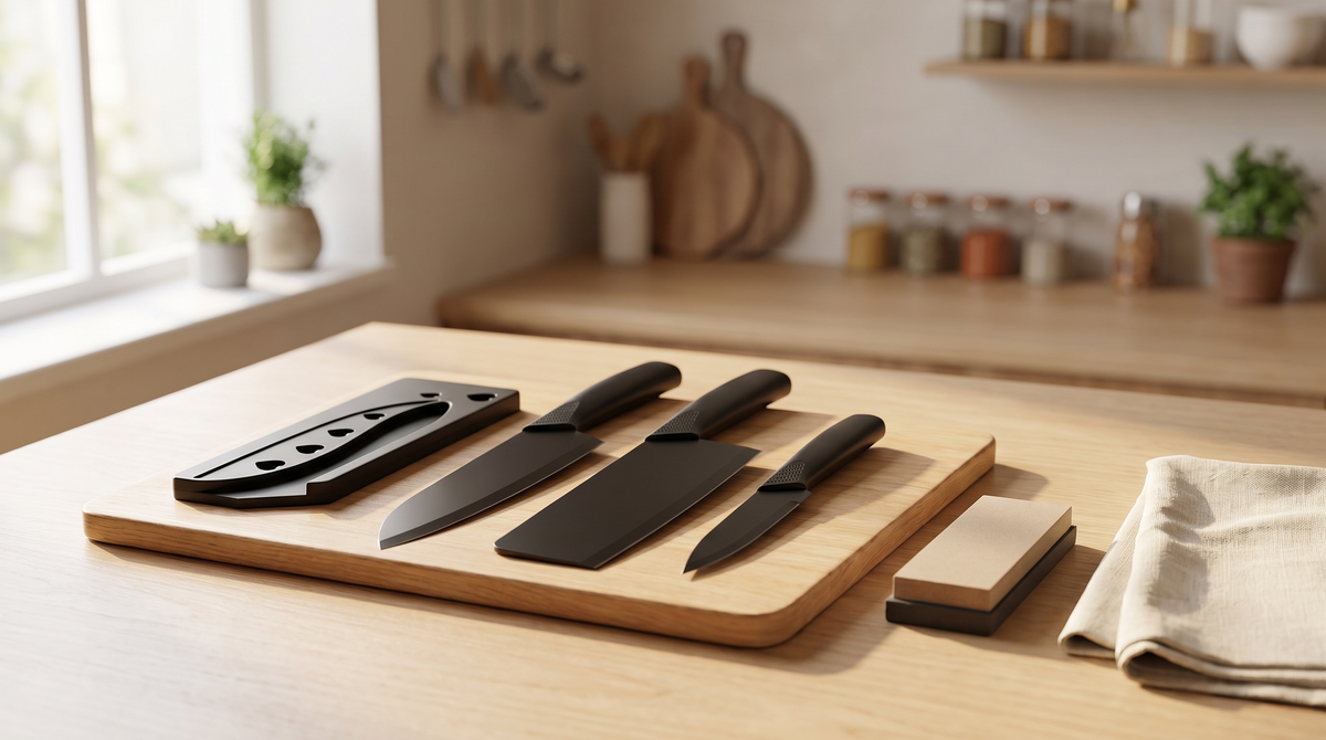 NEWDRU SwiftEdge stainless steel kitchen knife set on a wooden cutting board next to a whetstone sharpening block