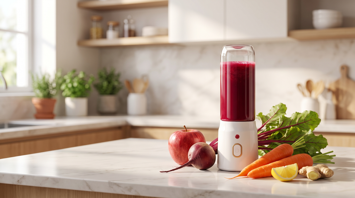 Freshly made ABC juice (apple, beetroot and carrot) in a NEWDRU portable juicer bottle beside whole apple, beetroot and carrots