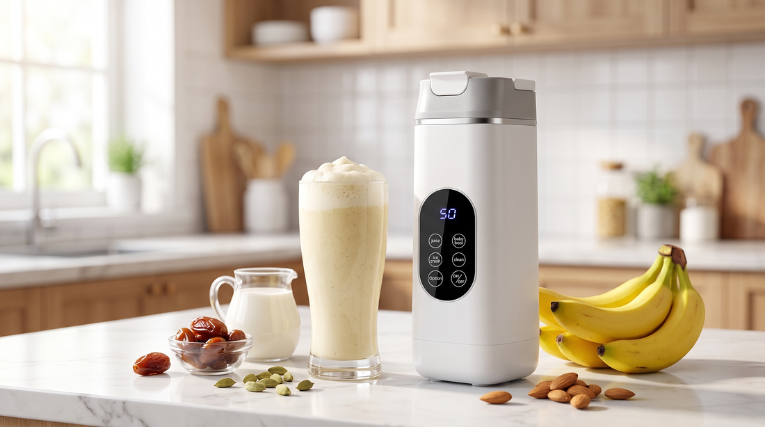 Thick creamy banana shake in a glass beside a NEWDRU portable blender bottle, fresh bananas, milk and almonds on a bright kitchen counter