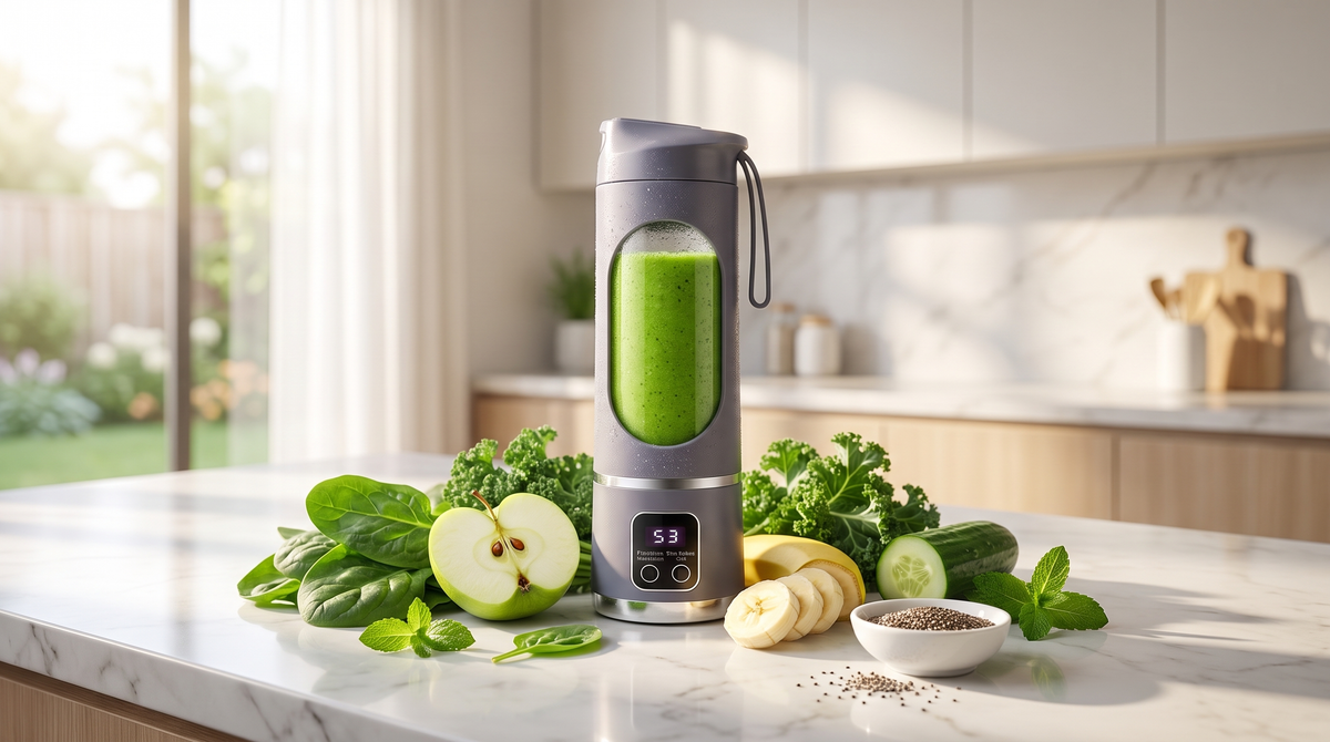 Bright green smoothie in a NEWDRU portable blender bottle on a marble counter surrounded by spinach, green apple, banana and mint