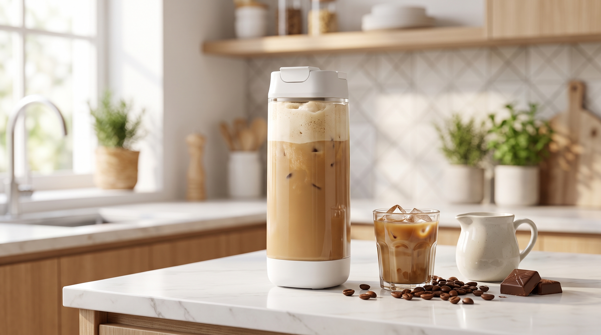 Café-style cold coffee blended in a NEWDRU portable blender bottle on a bright kitchen counter with coffee beans and milk