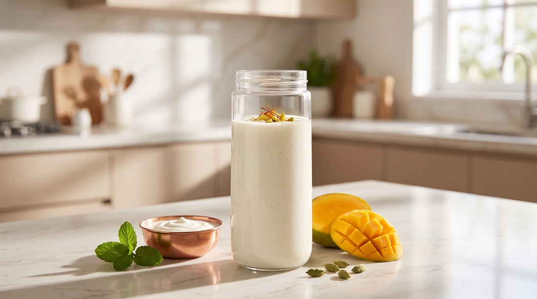 Creamy sweet lassi topped with saffron and pistachio in a NEWDRU portable blender bottle on a bright kitchen counter with curd, mint and mango