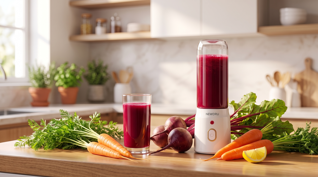 Glass of carrot and beetroot juice beside a NEWDRU portable juicer with fresh beetroots and carrots