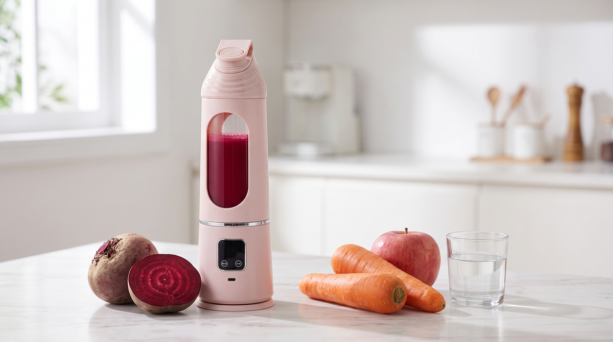 Deep red ABC juice made from apple, beetroot and carrot in a NEWDRU portable juicer bottle beside raw beetroot, carrots and an apple