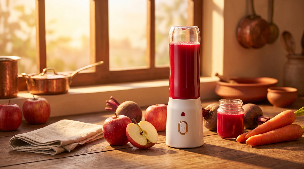 ABC juice in a NEWDRU portable juicer on a wooden kitchen counter in warm early morning sunlight with apple, beetroot and carrots