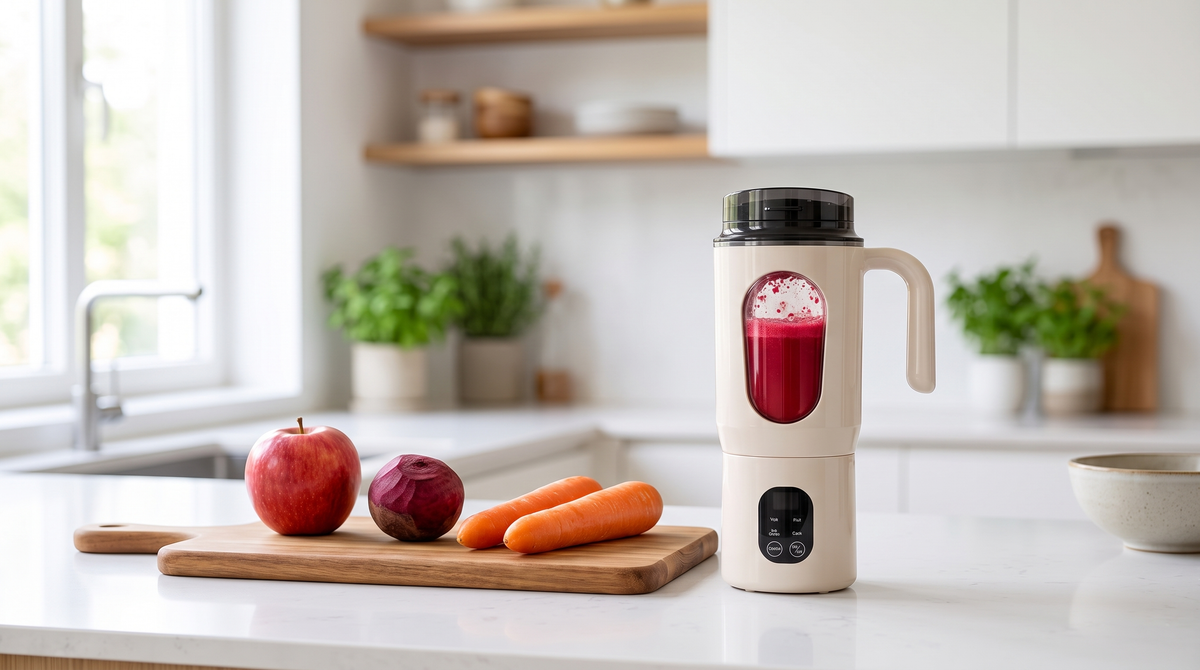 A daily serving of ABC juice in a NEWDRU portable juicer travel mug beside one apple, one small beetroot and two carrots on a bright counter