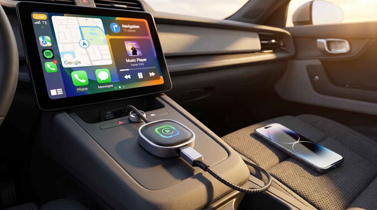 NEWDRU DriveSync Pro wireless CarPlay adapter plugged into a car USB port with CarPlay running on the dashboard screen
