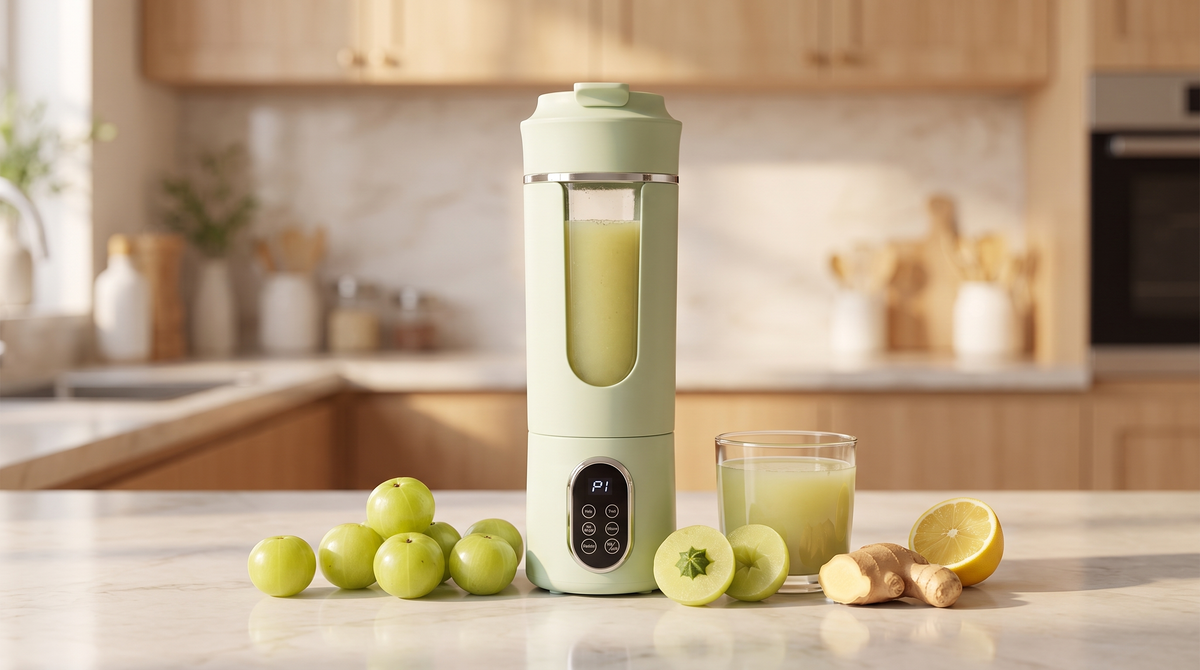 Fresh amla juice in a NEWDRU portable juicer bottle surrounded by whole Indian gooseberries, ginger and lemon on a bright kitchen counter