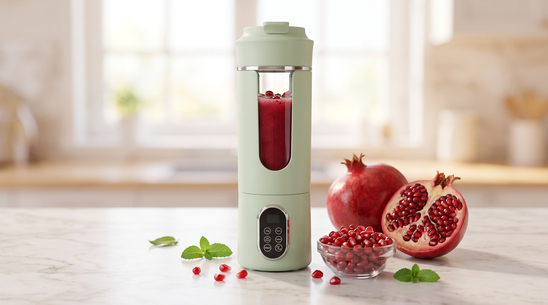 Fresh pomegranate juice in a NEWDRU portable juicer bottle beside halved pomegranates and ruby arils on a bright kitchen counter