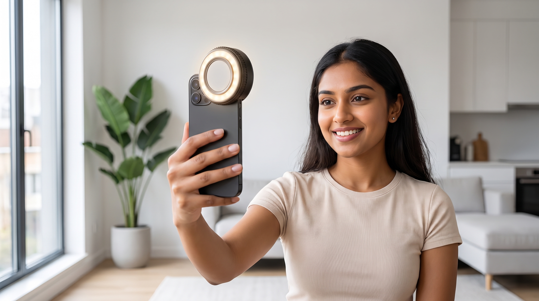 Woman filming a selfie video with a NEWDRU Light Buddy Pro clip-on magnetic selfie light attached to her phone