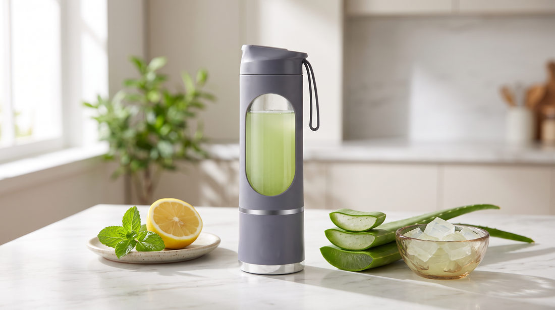 Fresh aloe vera juice in a NEWDRU portable rechargeable juicer bottle beside cut aloe vera leaves and clear aloe gel