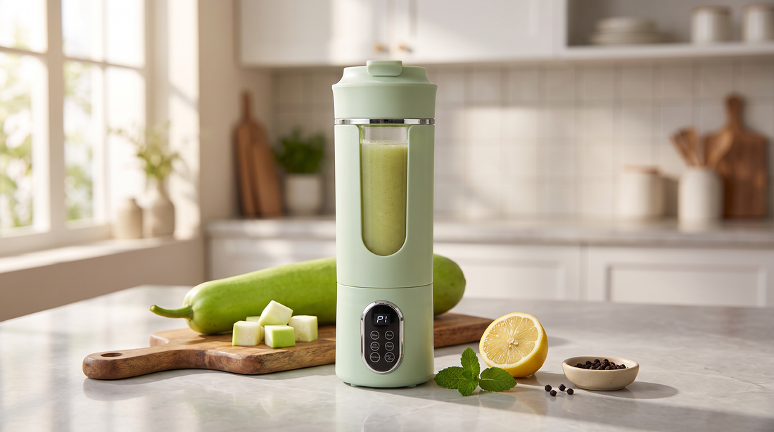 Fresh lauki (bottle gourd) juice in a NEWDRU portable rechargeable juicer bottle on a bright kitchen counter with whole bottle gourd, lemon and mint
