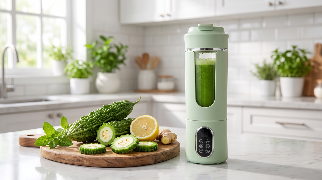 Fresh green karela (bitter gourd) juice in a NEWDRU portable juicer bottle beside whole bitter gourds, lemon and ginger on a kitchen counter