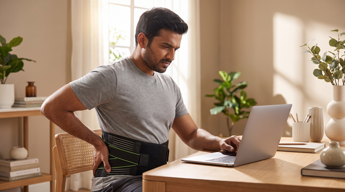 Office worker at a desk wearing a NEWDRU SpineFlex Pro orthopedic back support belt while holding their lower back