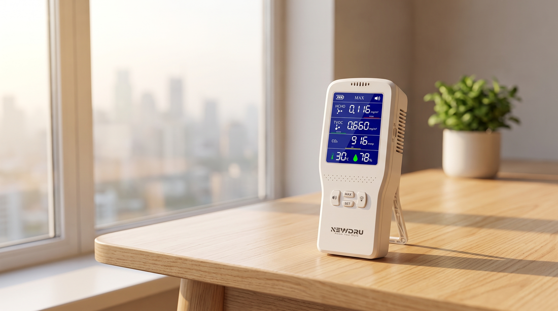 NEWDRU EcoGuard Pro smart air quality monitor showing live AQI, PM2.5 and CO2 readings beside a window in an Indian home