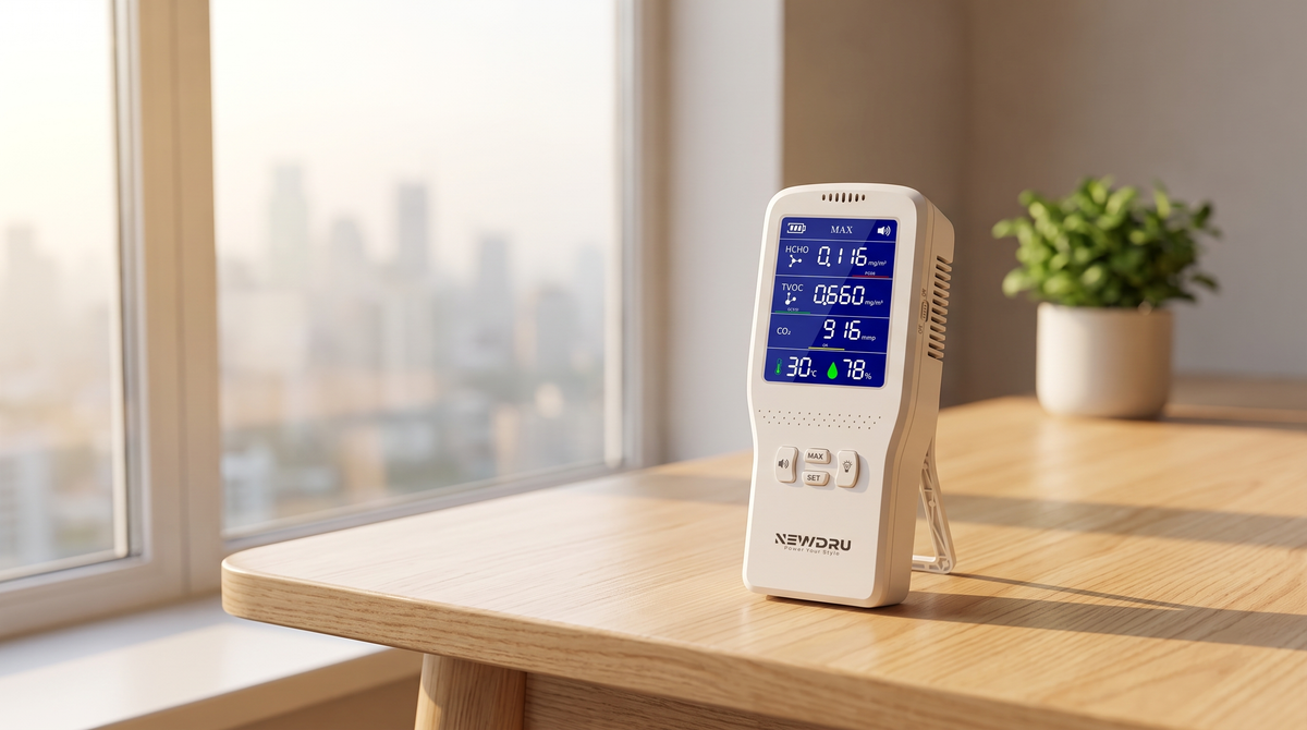 NEWDRU EcoGuard Pro smart air quality monitor showing live AQI, PM2.5 and CO2 readings beside a window in an Indian home