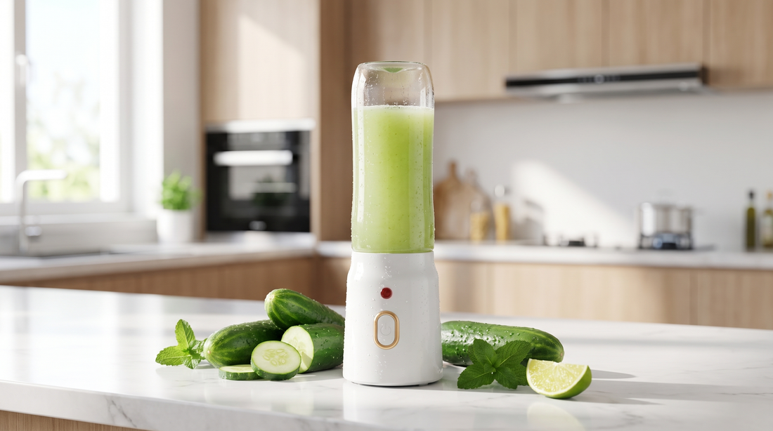Portable juicer bottle filled with fresh green cucumber juice on a marble kitchen counter with sliced cucumbers, mint and lime