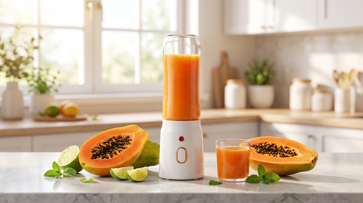 Fresh orange papaya juice in a NEWDRU portable blender bottle on a marble kitchen counter with ripe papaya halves, lime and mint