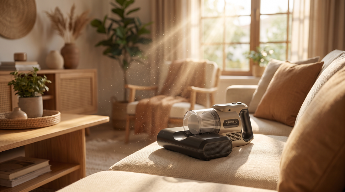 Dust motes in sunlight above a sofa with a NEWDRU UV-powered handheld vacuum cleaner on the cushion