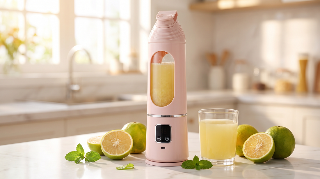Freshly made mosambi (sweet lime) juice in a NEWDRU portable juicer bottle with halved sweet limes and mint on a bright kitchen counter