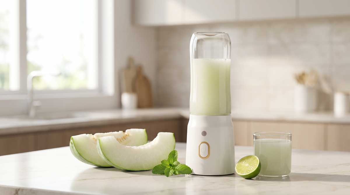 Fresh ash gourd juice in a NEWDRU portable juicer bottle beside sliced white ash gourd, mint and lime on a bright kitchen counter