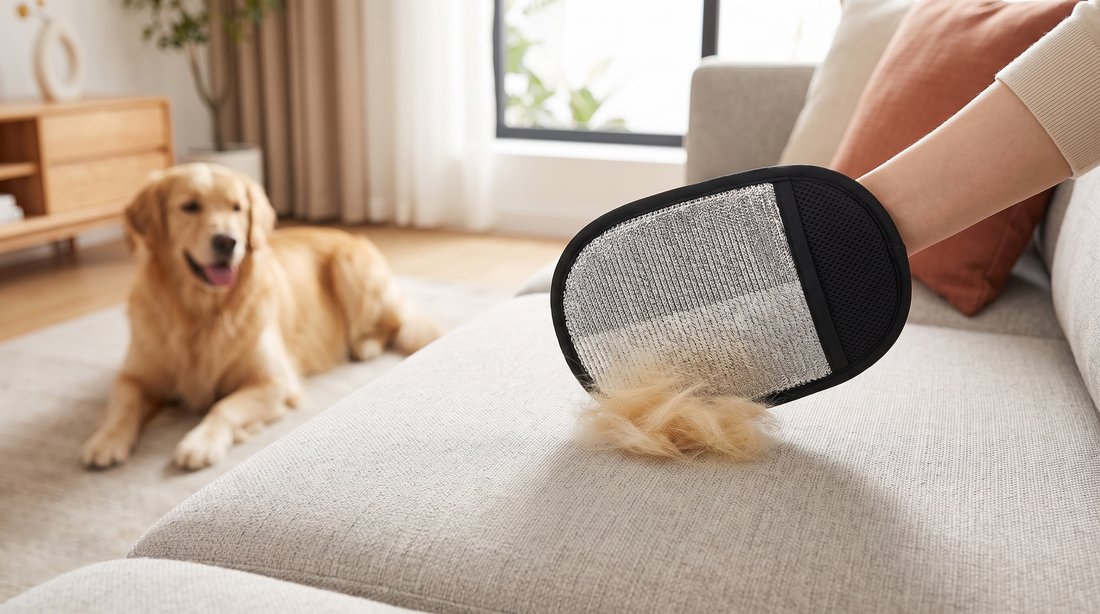 Hand wearing a NEWDRU pet hair removal glove lifting dog fur off a grey fabric sofa cushion