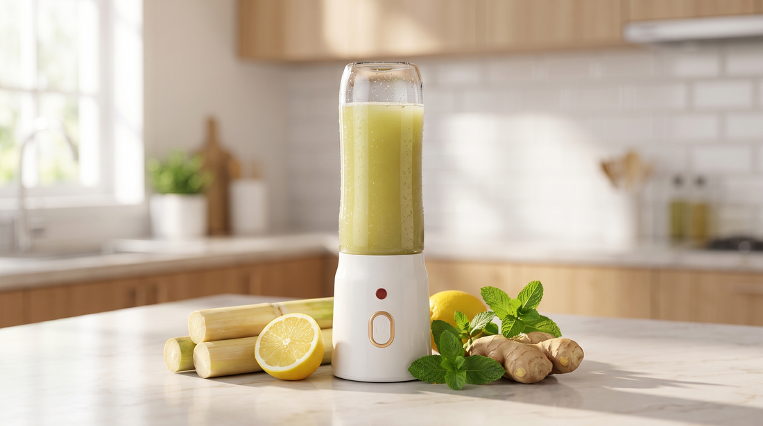Fresh sugarcane juice in a NEWDRU portable blender bottle on a marble kitchen counter with peeled sugarcane, lemon, ginger and mint