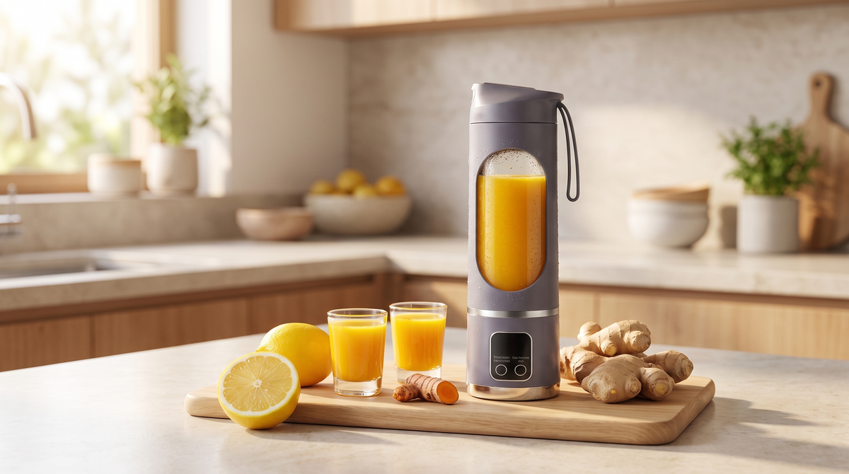 Golden ginger shot in a NEWDRU portable juicer bottle beside fresh ginger root, lemon and turmeric on a kitchen counter