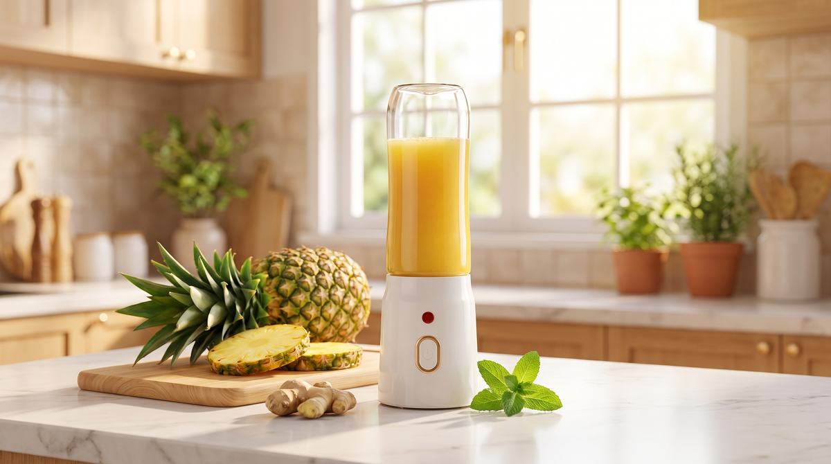 Fresh golden pineapple juice in a NEWDRU portable juicer bottle on a marble kitchen counter with a whole pineapple, pineapple slices, ginger and mint