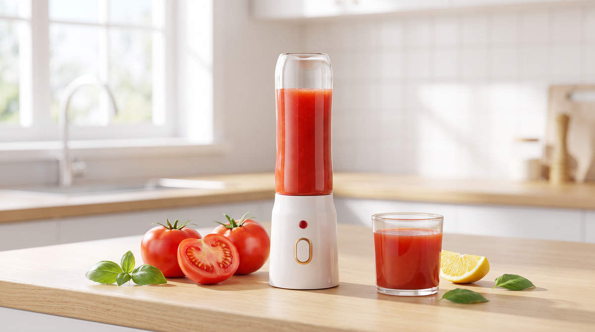 Fresh red tomato juice in a NEWDRU portable juicer bottle surrounded by ripe tomatoes, basil and a lemon wedge