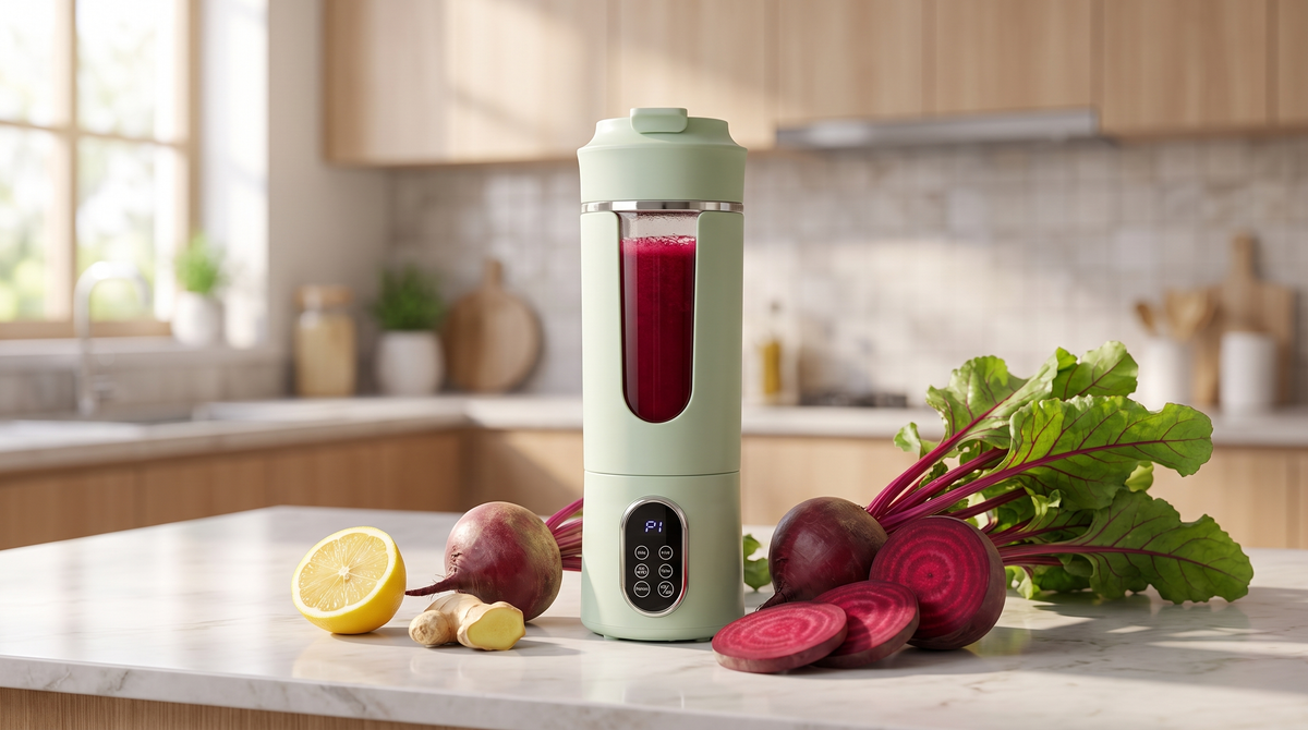 Fresh ruby-red beetroot juice in a NEWDRU portable juicer bottle beside whole beetroots, lemon and ginger on a bright kitchen counter