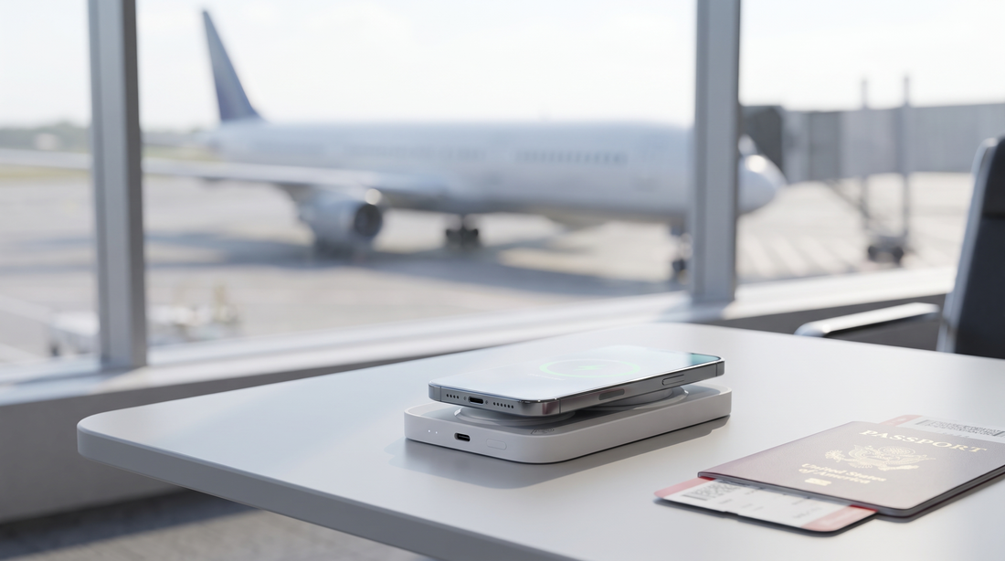 NEWDRU MagCharge Duo 5000mAh magnetic power bank charging a phone on an airport lounge table beside a boarding pass