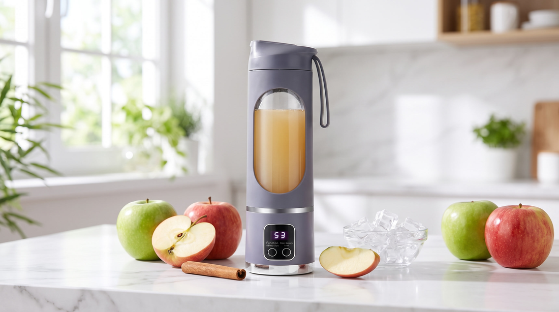 Fresh apple juice in a NEWDRU portable juicer bottle with red and green apples on a marble kitchen counter