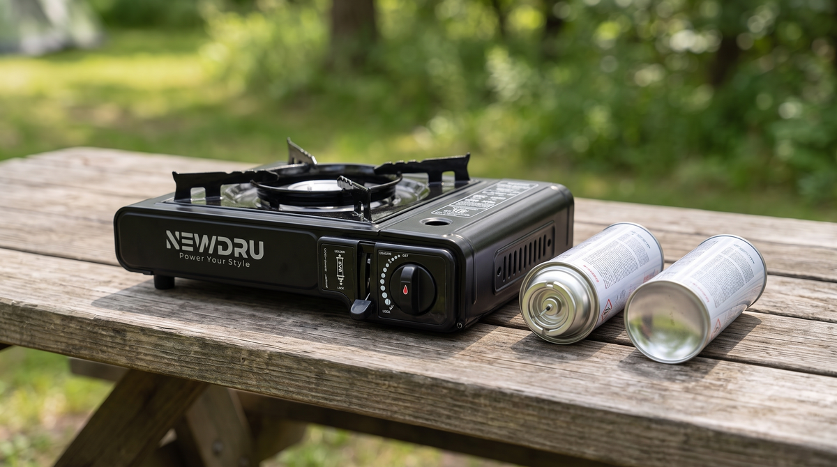 Portable butane camping stove on a picnic table with three butane gas cartridges beside it