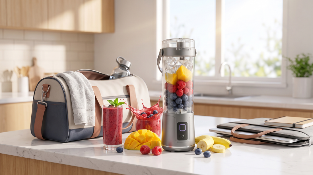 NEWDRU portable blender bottle with a gym bag, laptop bag and fresh fruit on a bright kitchen counter, showing gym, office and travel use