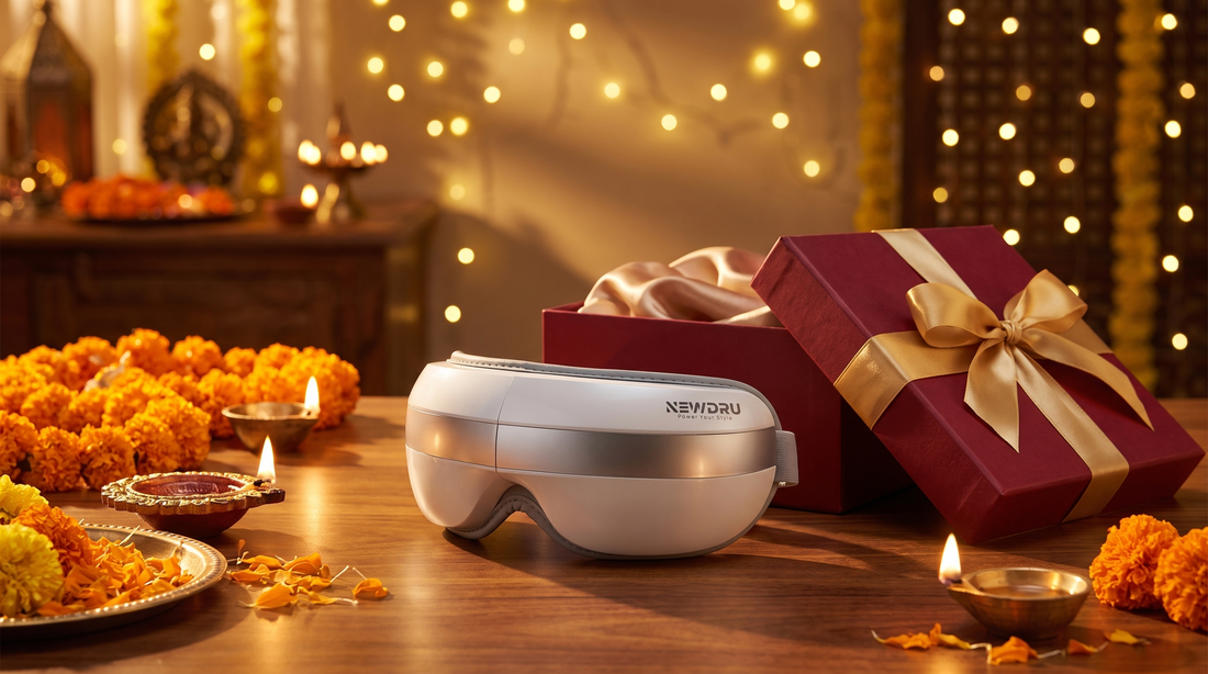 Diwali gift ideas 2026 – NEWDRU EyeSpa Pro eye massager beside a gift box, diyas and marigolds
