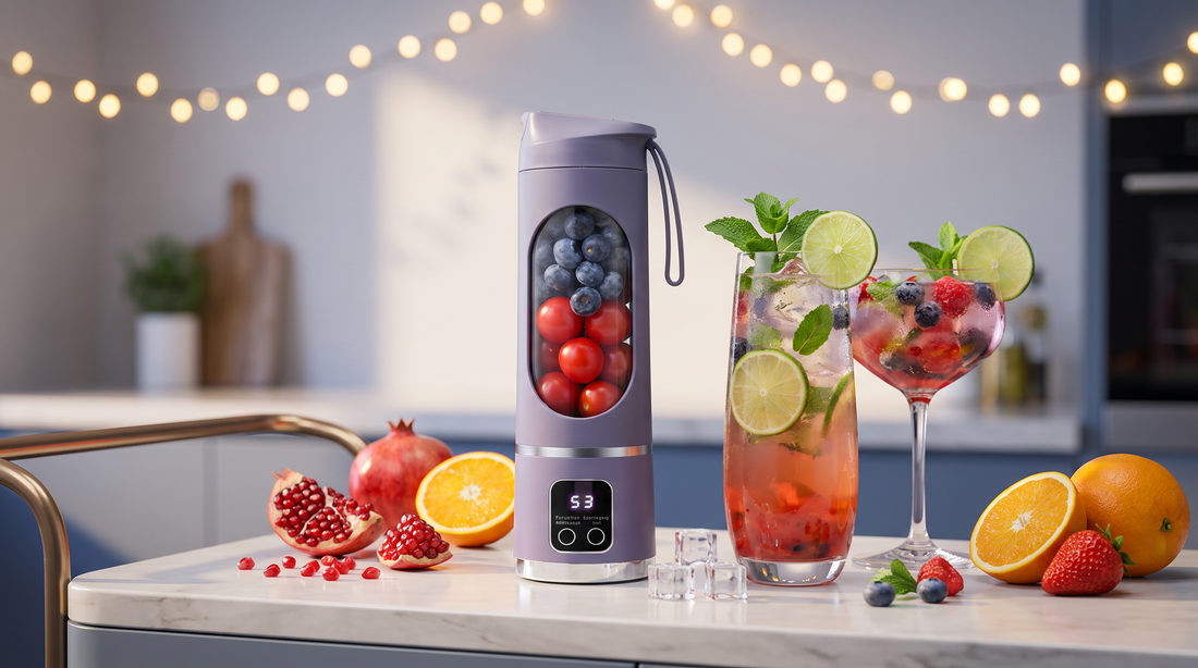 NEWDRU portable rechargeable blender bottle next to two colourful garnished mocktails, fresh fruit, and ice on a kitchen counter