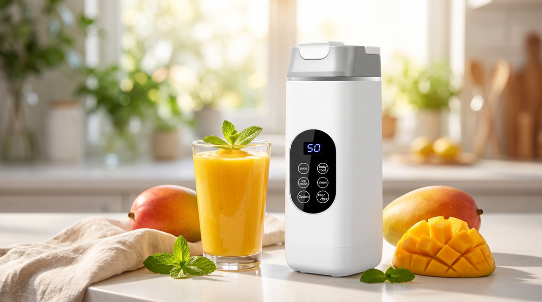 Fresh mango smoothie in a glass beside a NEWDRU portable blender bottle and ripe mangoes on a bright kitchen counter