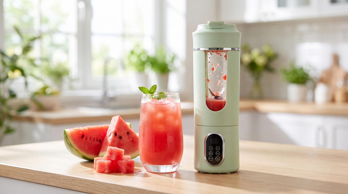 Fresh watermelon juice in a glass with mint and ice beside a NEWDRU portable juicer bottle and watermelon wedges on a kitchen counter