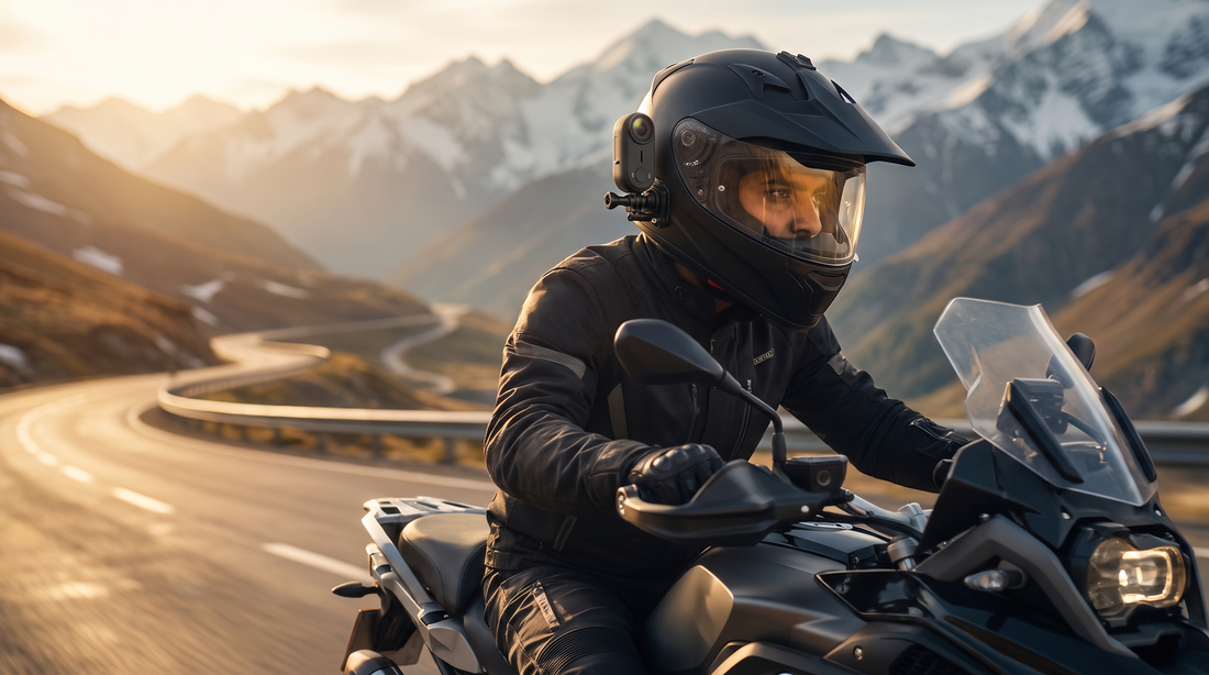 NEWDRU EpicShot 4K action camera mounted on a motorcycle helmet on a Himalayan highway