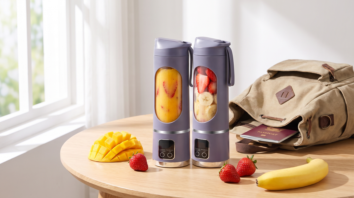 NEWDRU portable blender bottle with a fresh fruit smoothie beside a backpack, passport and fruit on a bright travel table
