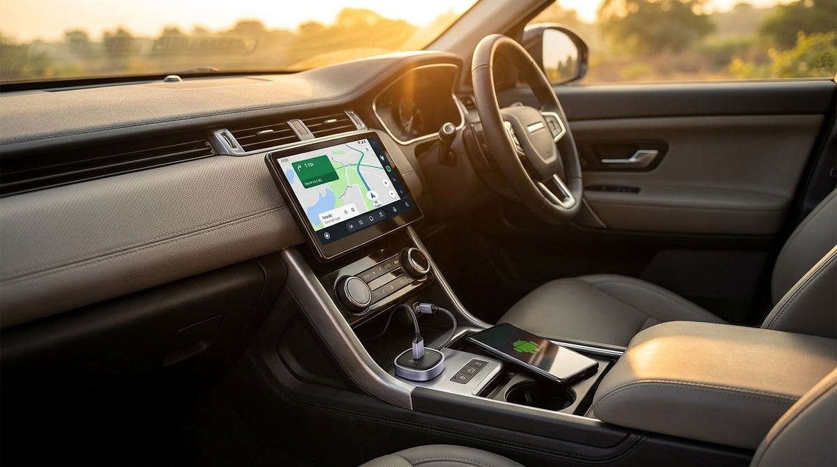 DriveSync Pro wireless Android Auto adapter plugged into a car USB port with Android Auto maps on the dashboard screen