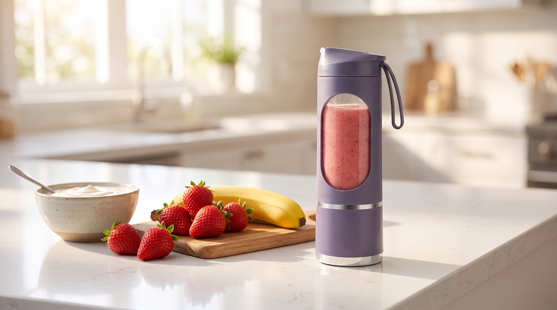 NEWDRU portable blender bottle filled with a pink strawberry smoothie beside fresh strawberries, banana and yogurt