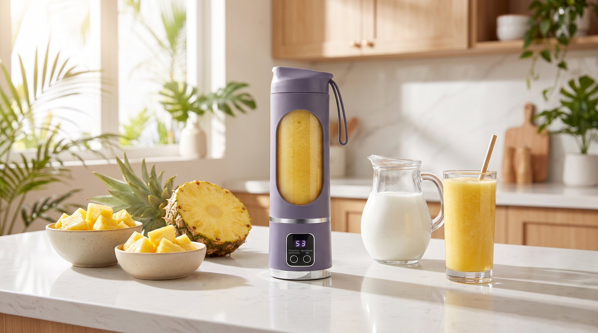 NEWDRU portable blender on a bright kitchen counter with fresh pineapple chunks and a glass of golden pineapple smoothie