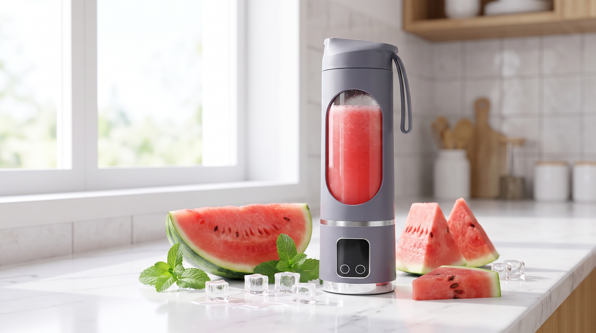 NEWDRU portable juicer bottle filled with fresh pink watermelon juice beside sliced watermelon and mint on a bright kitchen counter