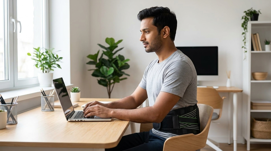 Man at a desk wearing the NEWDRU SpineFlex Pro back support belt positioned on the lower back